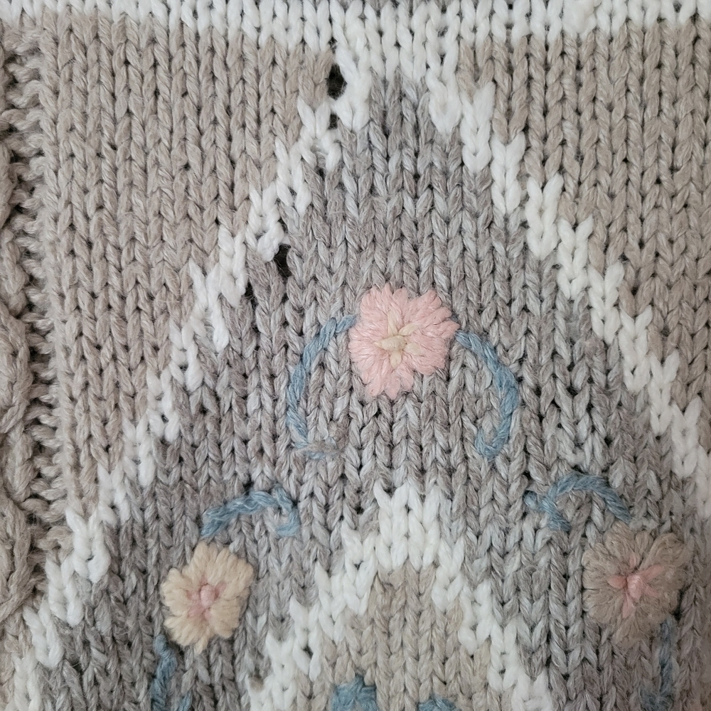 Vintage Women's Floral Beige Chunky Knit Sweater Coastal Cottagecore Large - Picture 8 of 8
